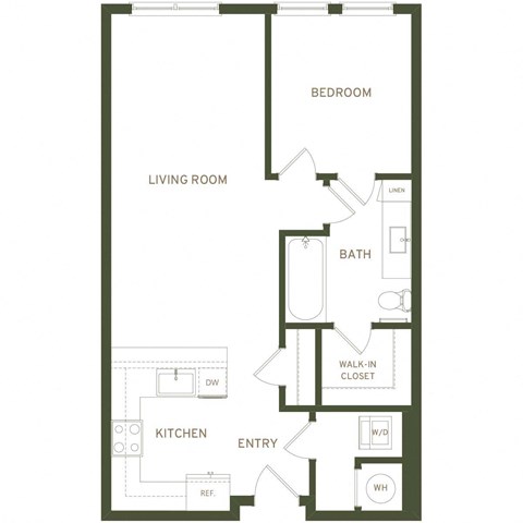 Floor plan for 1 bed, 1 bath, 750 sqft